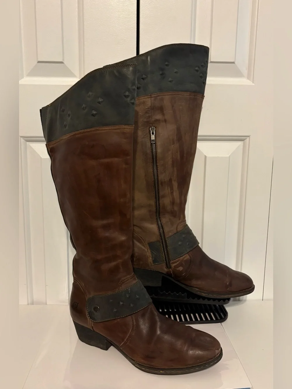 BORN, Two-Tone Brown Distressed Leather Knee-High Riding Boots